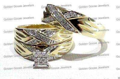 Yello Gold His Her Mens Woman Diamonds 1/4 CT Wedding Ring Bands Trio Bridal Set