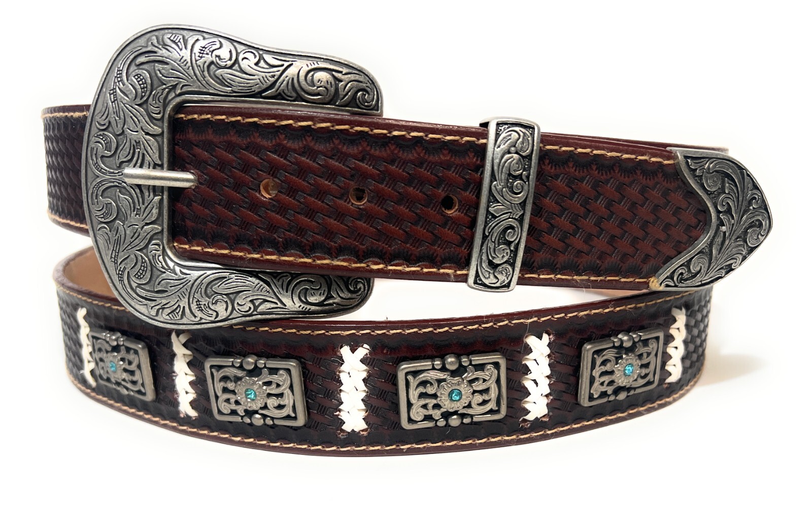 MEN'S BROWN WESTERN LEATHER BELT CONCHO RHINESTONE COWBOY BELT, CINTO VAQUERO