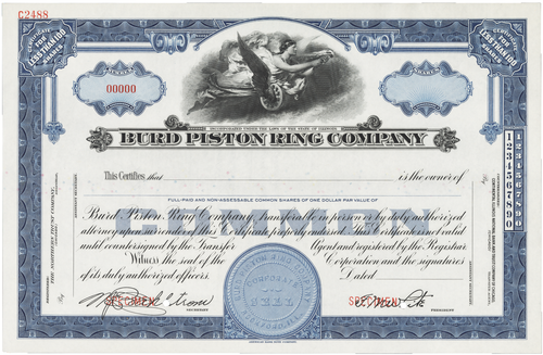 Burd Piston Ring Company. Stock Certificate.