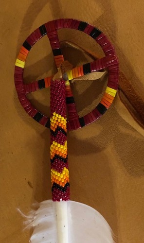 Beautiful New Lakota Beaded Imitation Eagle Feather With Quilled Medicine Wheel