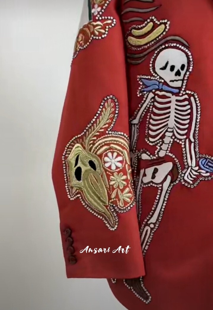 Pre-owned Art Men 2pc Red Cotton Outfit Hand Embroidered Western Suit Style Py Designer