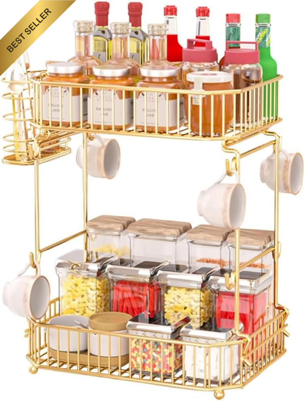 Kitchen Countertop Organizer, 2 Tier Countertop Organizer Rack | Gold Multi Purp