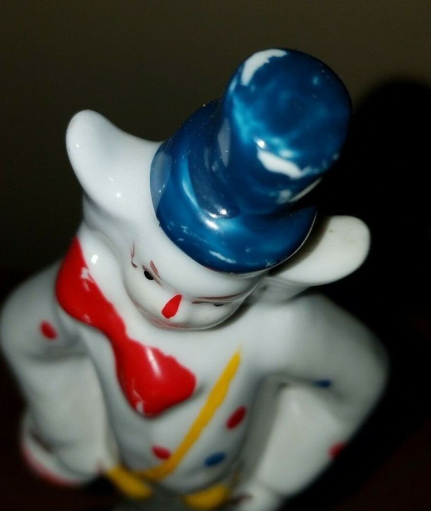 Glazed Porcelain Clown Figurine, Bright Colors, Polka Dots, Drum, 7