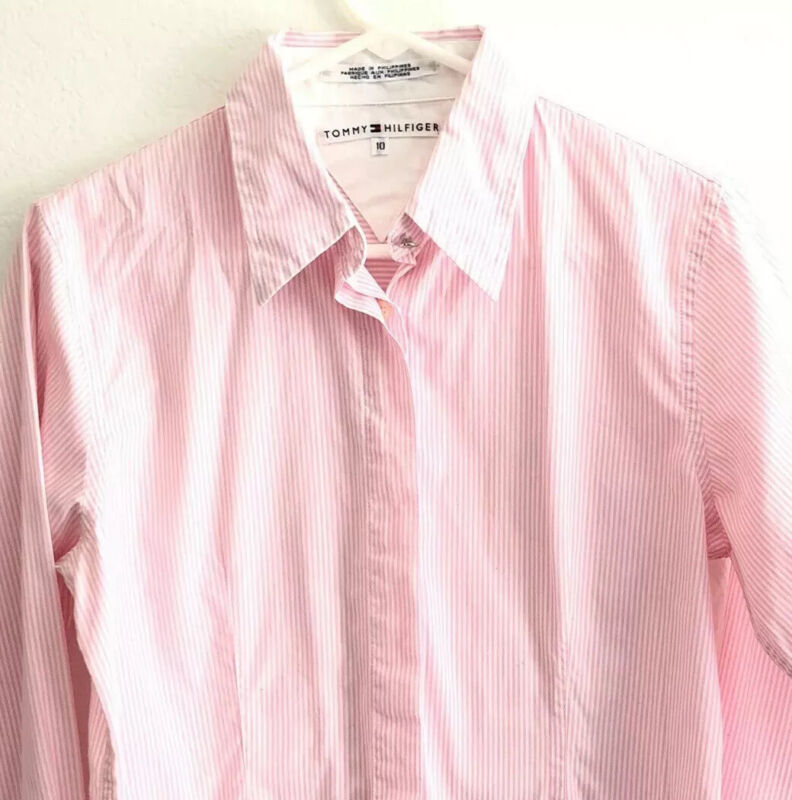 Tommy Hilfiger Girls 10 Long Sleeve Button Up Pink White Striped Preppy