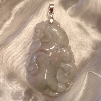 ~Certified Carved Jade / Jadeite Pendant - Pale Lavender Sterling Silver Bail