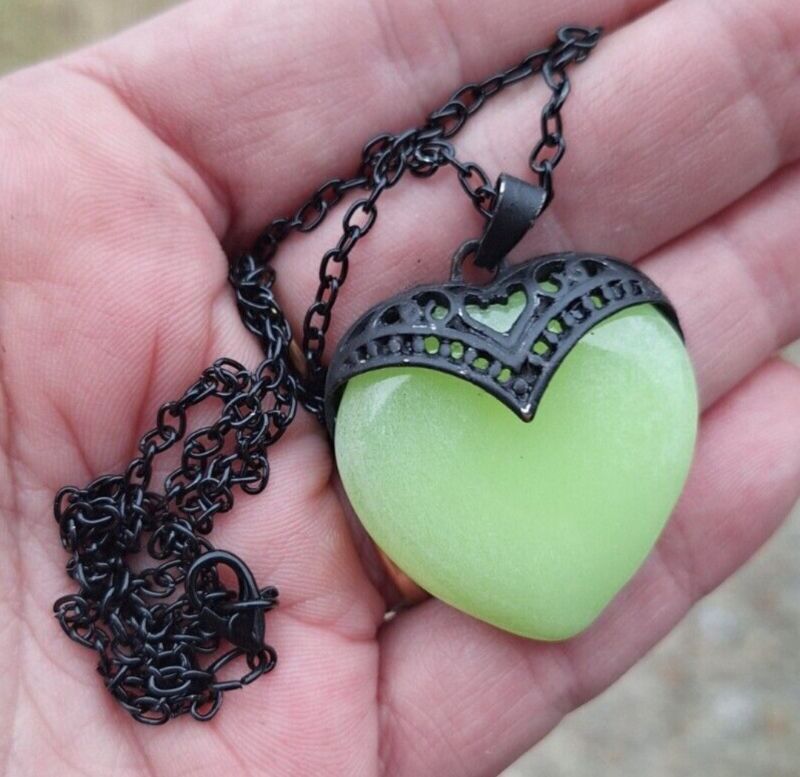 Black Heart Vaseline Uranium Glass Pendant Necklace