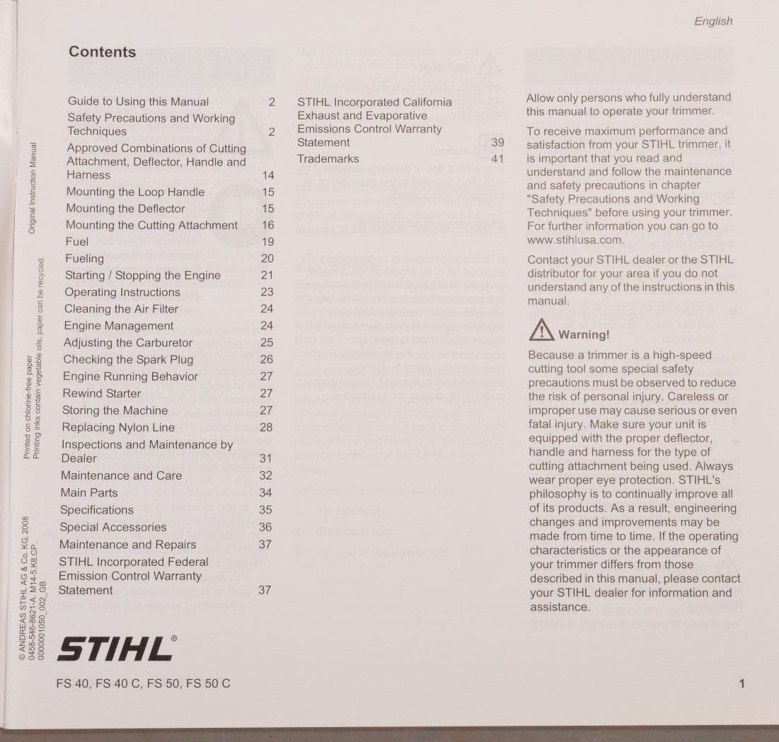 Stihl FS40 FS50 Trimmer Owners Manual ~ Free Shipping!! ~ FS 40 50