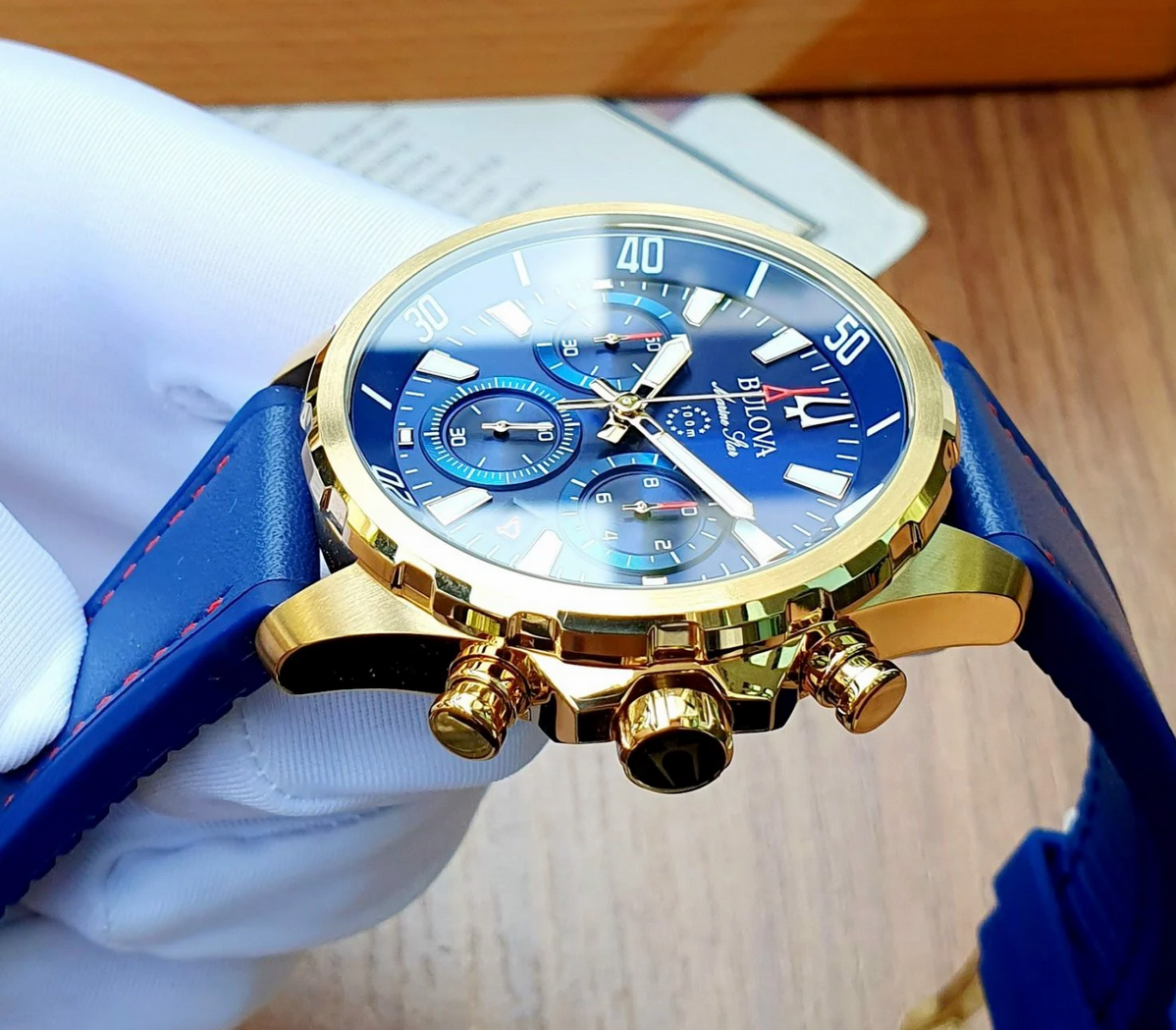 Pre-owned Bulova Marine Star Blue Dial 97b168 Gold Tone Silicone Strap Men's Watch