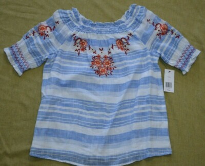 Crown & Ivy Blue White and Blue Striped Floral  Shirt Top Short Sleeve L NWT