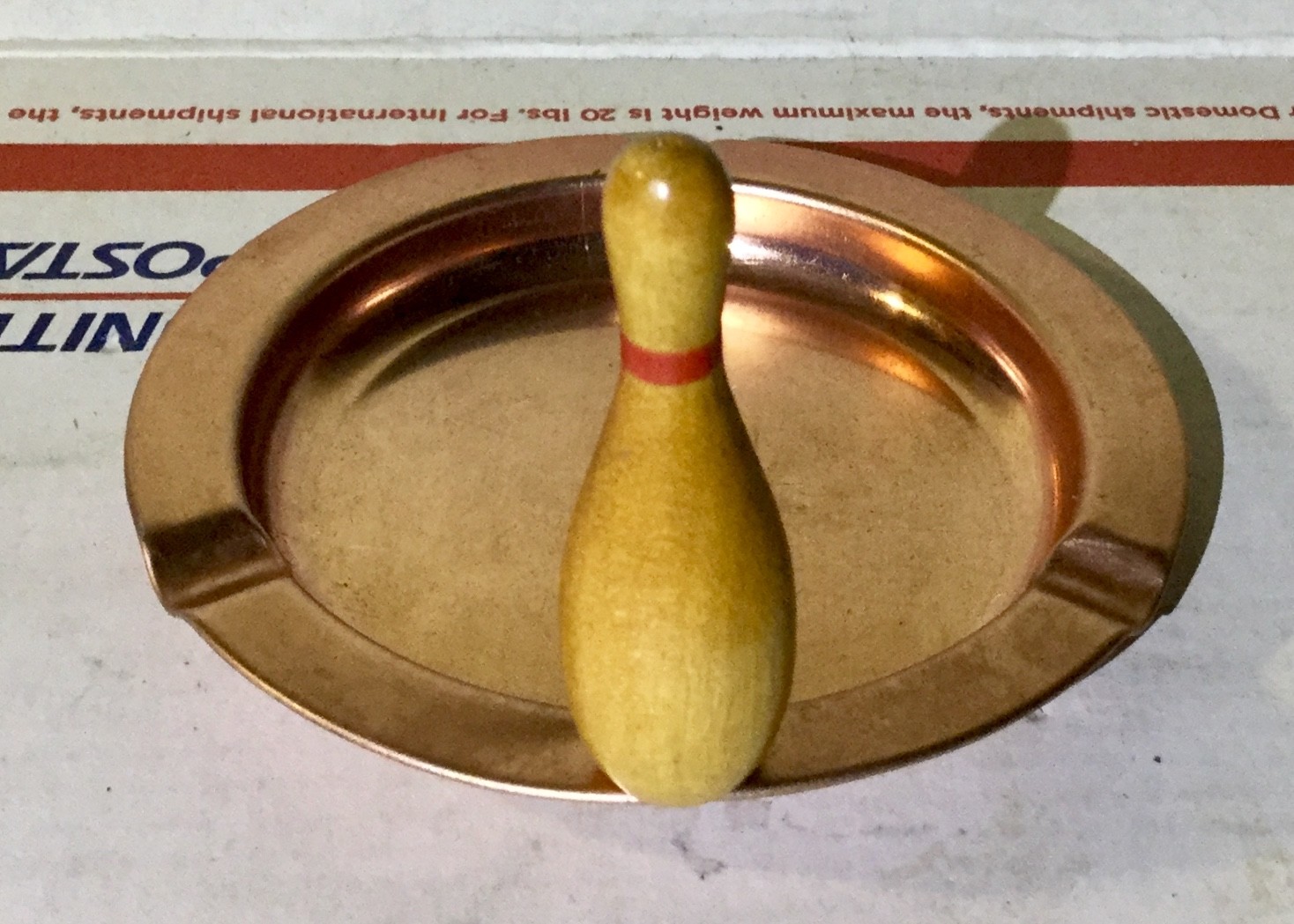 Vintage Copper Ashtray With Wooden Bowling Pin