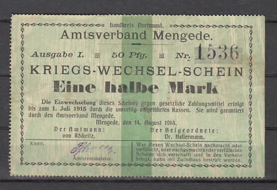 Mengede - Amt - 1/2 Mark - 14.08.1914 - Dießner 228II.2a - m. Drfa. - Verm. 40mm