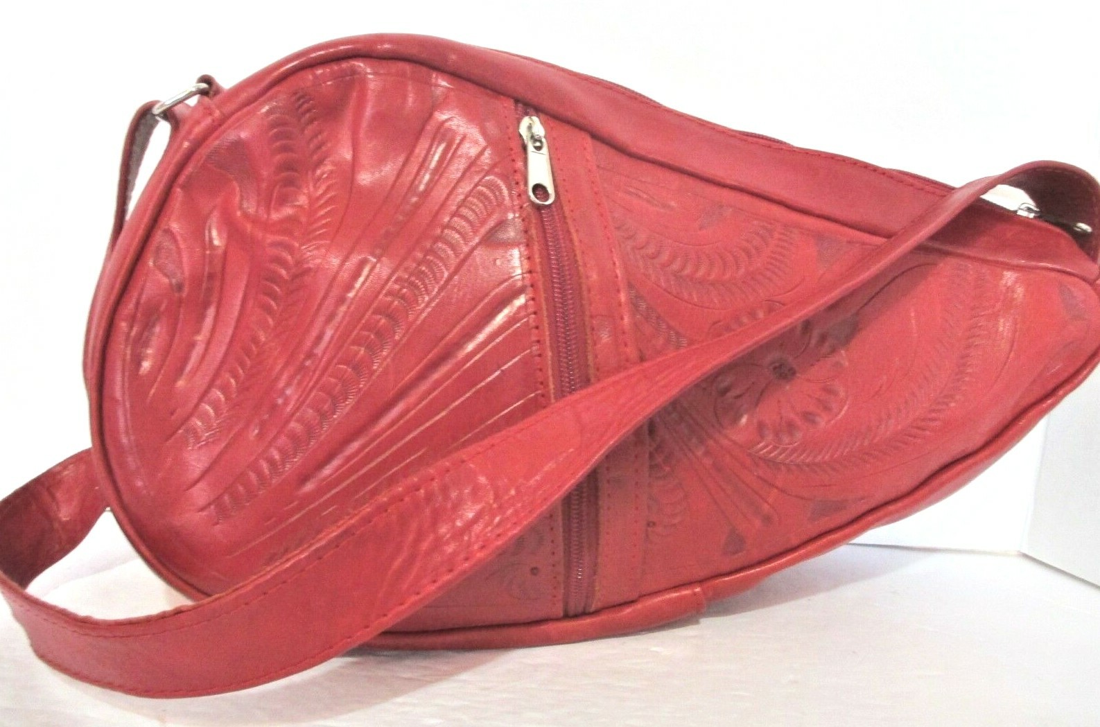 New Hand Tooled RED GENUINE LEATHER Large Multi Pocket Sling Shoulder Bag FAB