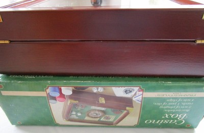 CASINO BOX WITH 2 SETS PLAYING CARDS, PAIR OF DICE AND 4 SETS OF POKER CHIPS