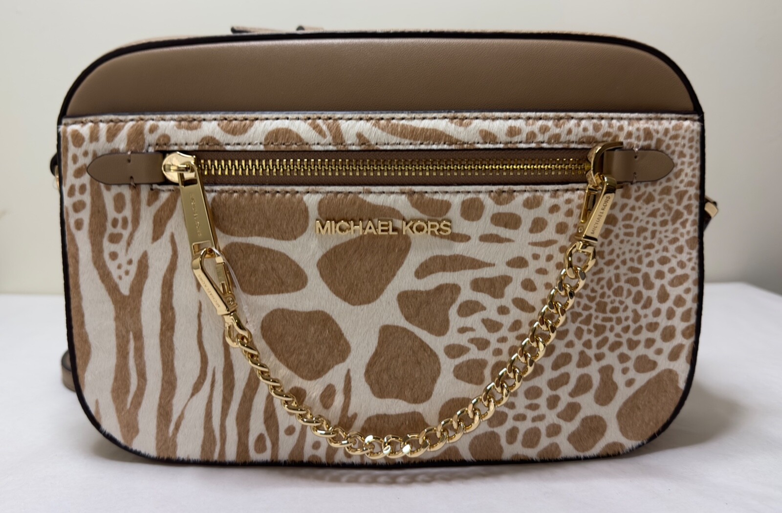 ユニセックスマイケルコース MICHAEL KORS JET SET ZEBRA CAMEL LEATHER HAIRCAFL ZIP CHAIN