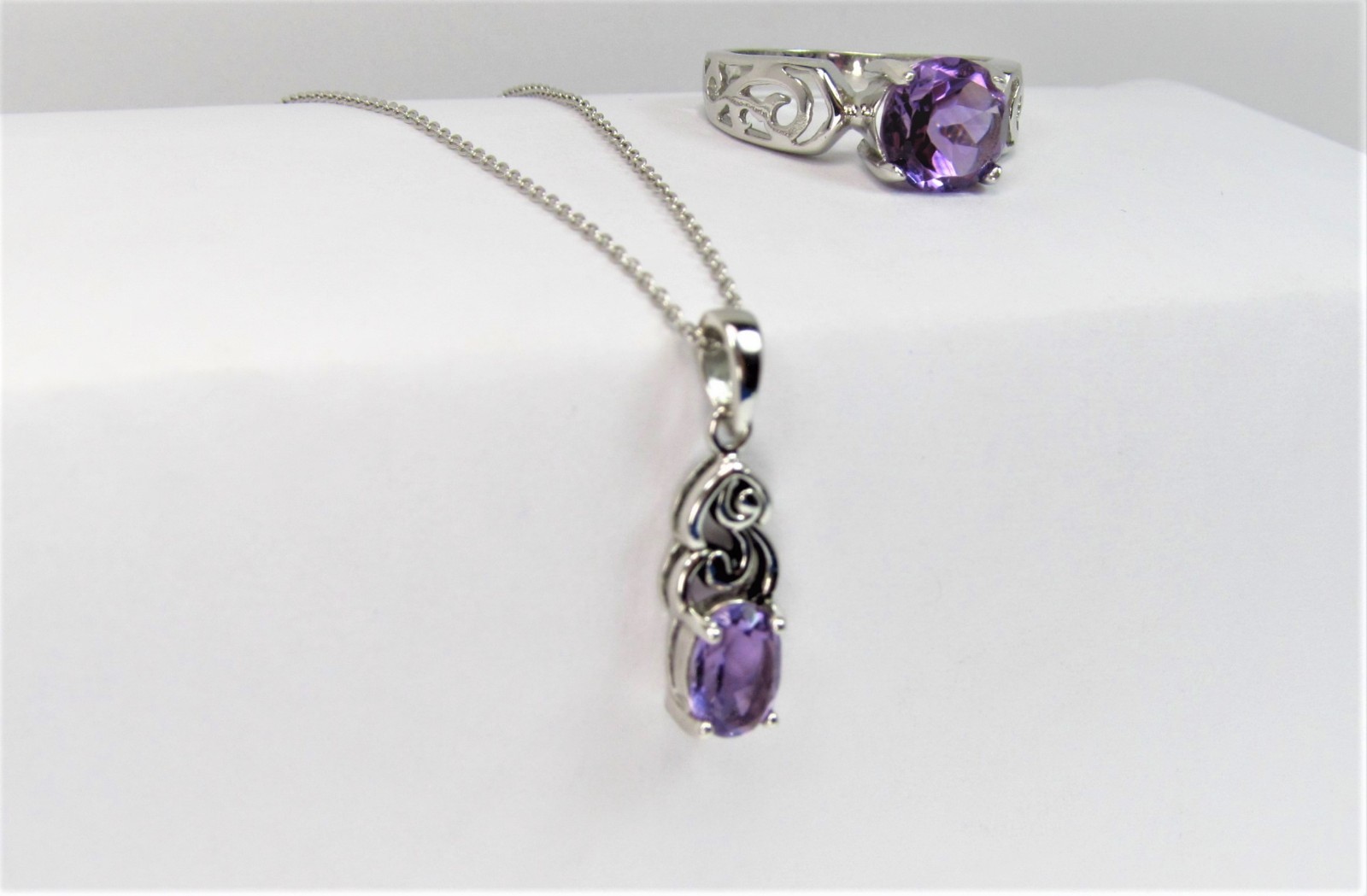 Natural Amethyst Silver Victorian Style Pendant & Filigree Solitaire Ring SZ 6