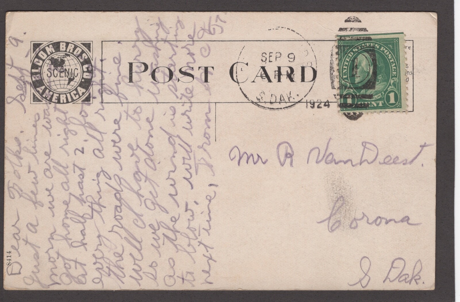 Old Vtg Photo B&W Postcard HIGH SCHOOL Building DELL RAPIDS South Dakota 1924