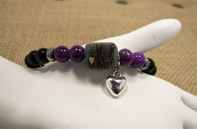 Purple Quartzite Black Jasper Silver Tone Heart Charm Bead Bracelet #31