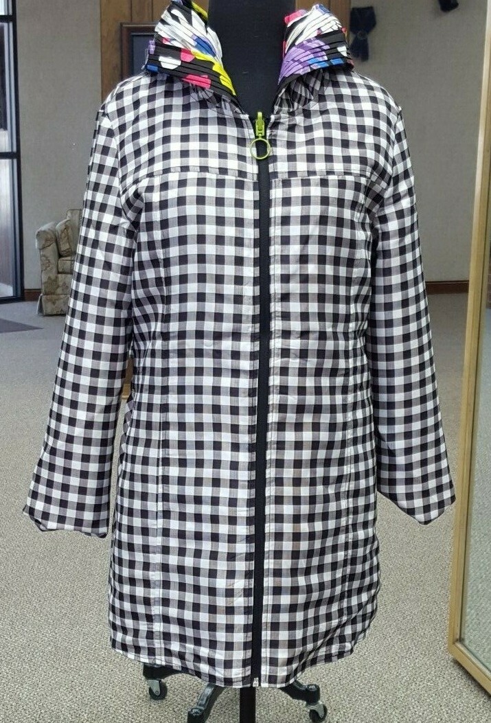 Pre-owned Ubu Reversible 32" Zip Front Raincoat - Vivacious Floral To Gingham Plaid In Multicolor