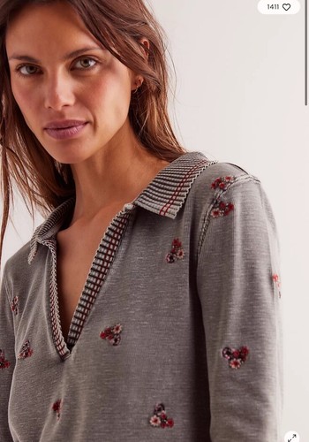 Free People Alana Embroidered Ribbed Henley Top S