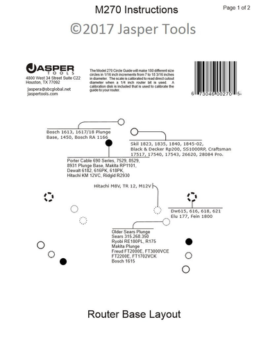 Model 270 Router Circle Cutting Jig by Jasper Tools, New, FREE SHIPPING