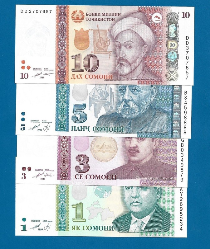 Tajikistan Tadschikistan  - 4 X Banknoten - 1 3 5 10 Somoni 1999 / 2018  Unc Set
