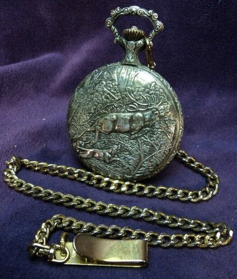 Serviced~Ever Swiss FANCY DIAL~Winding 17 Jewel~Deer Hunter Scene Pocket Watch