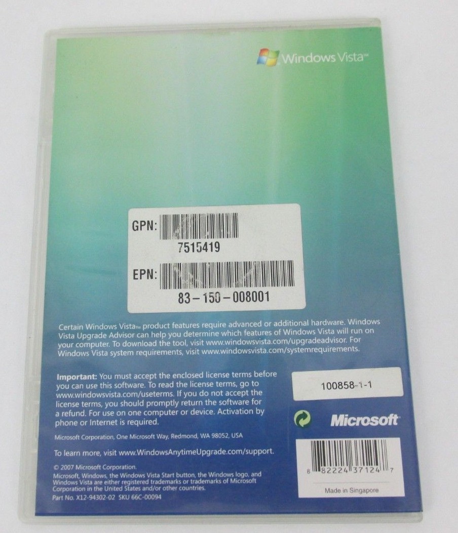Microsoft Windows Vista Anytime Upgrade Disc 32bit English DVD