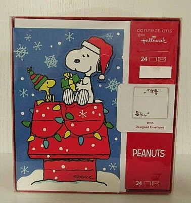 Snoopy Peanuts Christmas Cards Hallmark 3D Box 24 Designer Envelopes