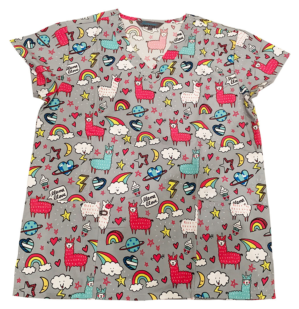 

Женские топы из микрофибры с медицинским скрабом и принтом, серая основа, лама, радужные облака, Многоцветный