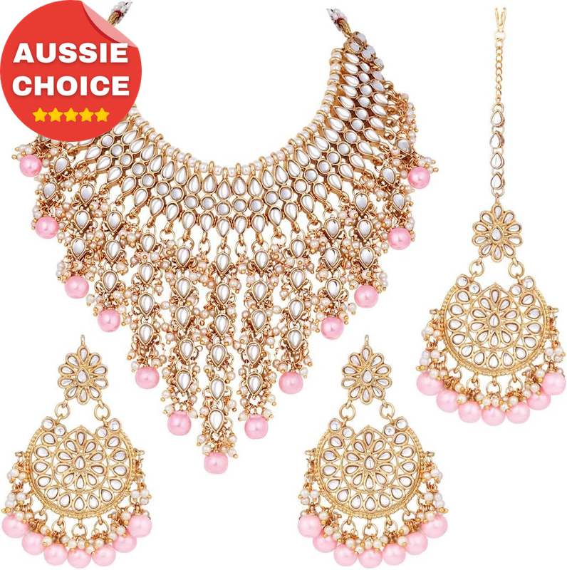 Bharatanatyam Faux Kundan Choker Necklace Maang Tikka Set Indian Wedding Jewelry