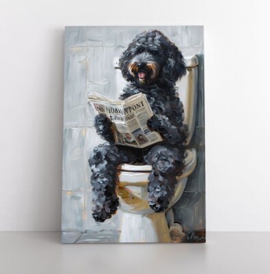 Funny Cute Portuguese Water Dog on Toilet Painting Print Canvas | Pet Dog Gift