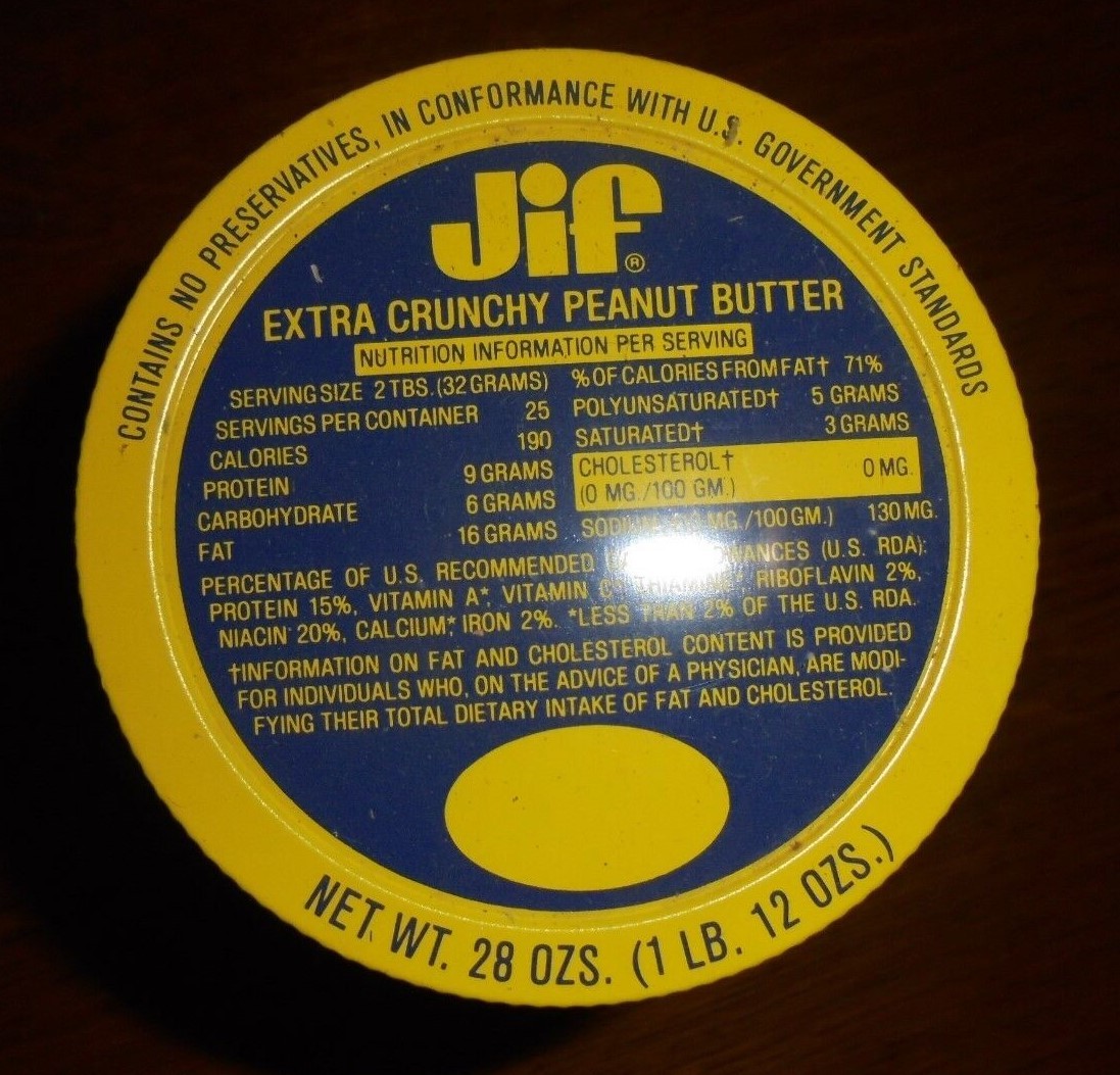 Vtge JIF Extra Crunchy Peanut Butter jar w/correct lid, 28 ounces