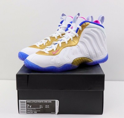 nike foamposite white gold blue