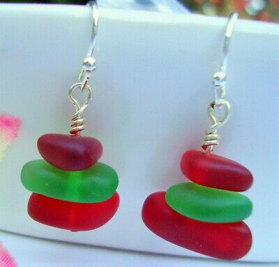 Stacked Green & Red Tumbled Sea Glass Silver Dangle Earrings Beach Christmas