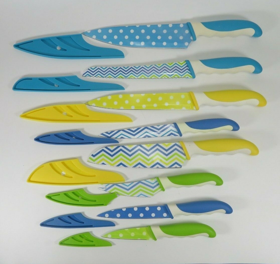 Of 8 Geo Multi Color Chef Knives W Blade Covers Blue Green