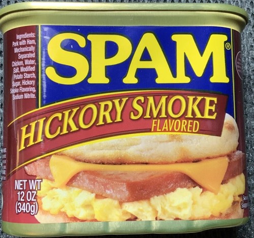 HICKORY SMOKE SPAM, HORMEL, FOR CAMPERS, FISHERS, TRAVELERS, 12 OZ., EXP 10/24