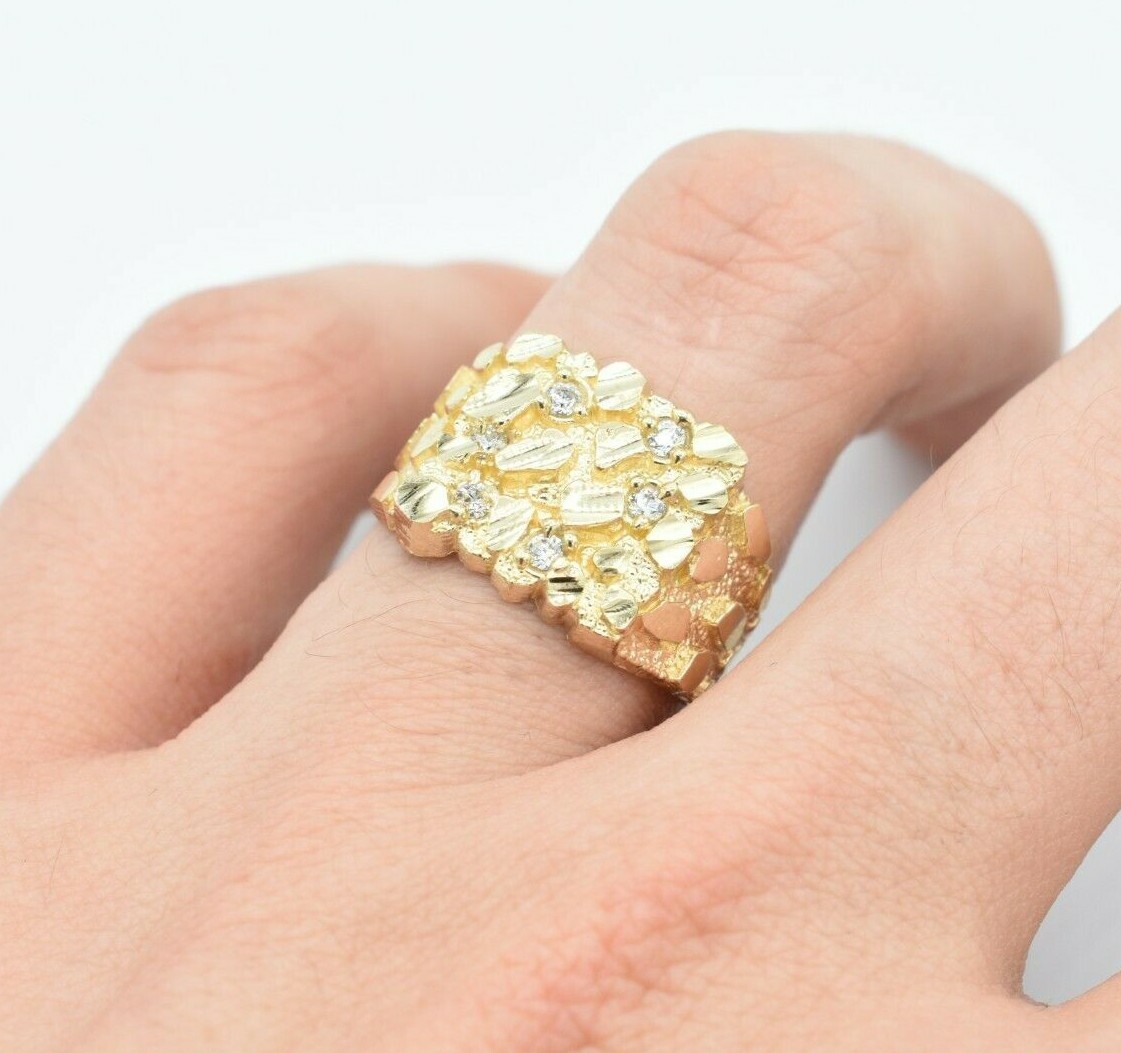 Pre-owned Bayam Unisex Large Nugget Square Ring With Cz Real Solid 10k Yellow Gold All Sizes