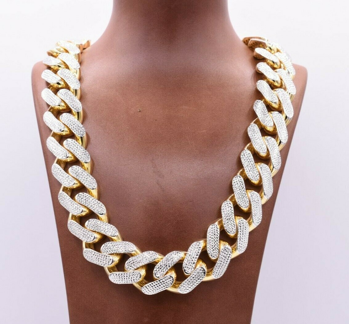 24mm Miami Cuban Diamond Cut Link Chain Two-Tone Real 10K Yellow White