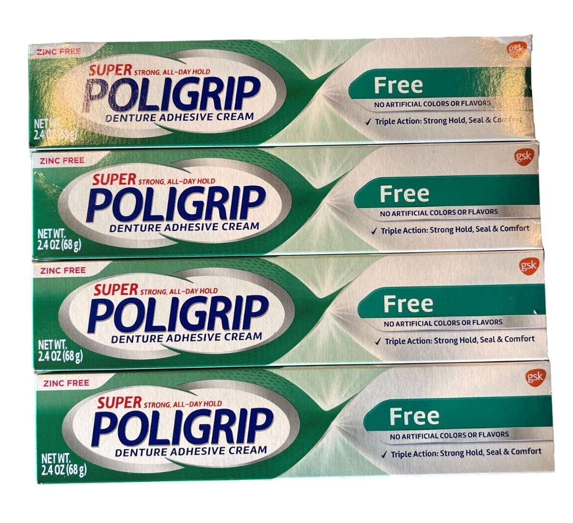 Super POLIGRIP Denture CREAM Zinc, Flavor & Color FREE 2.4oz ( 4 pack ) green /