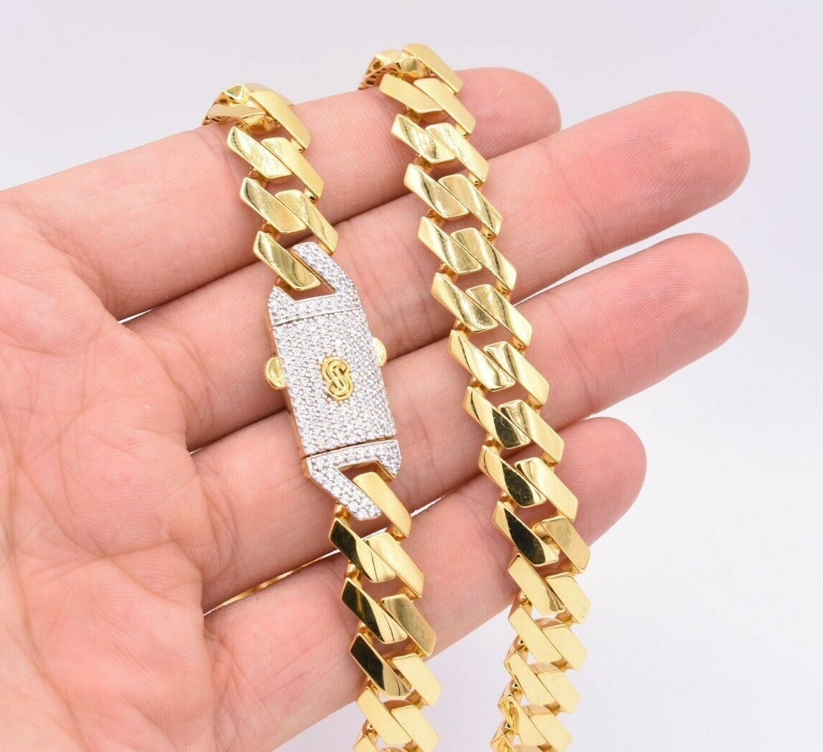 12mm Edge Miami Cuban Link Monaco Chain Necklace CZ Lock Real 14K