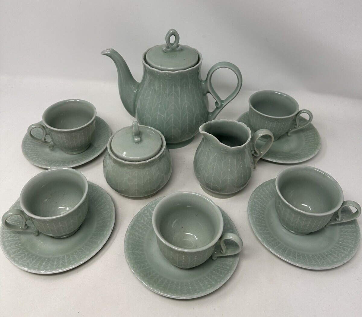 Vintage Chinese Celadon Tea Set Cups Pitcher Creamer Sugar Jade Green Color