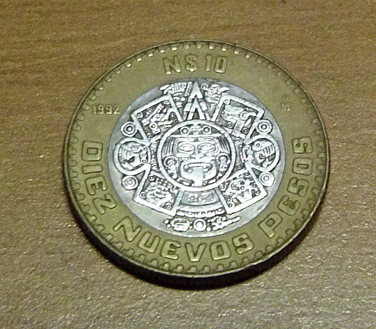 1992 MEXICO B-METALLIC .925 SILVER CENTER 10 PESO COIN VERY