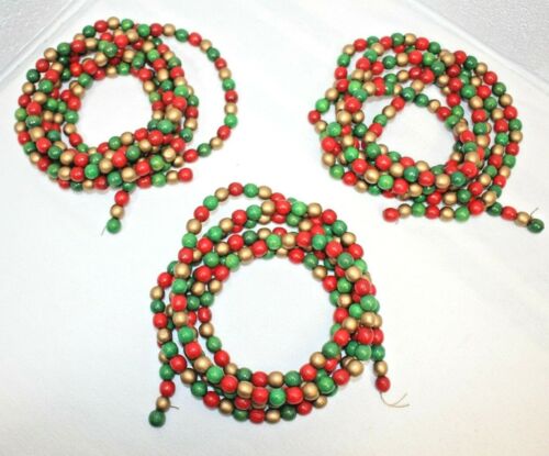 Vintage Christmas Tree Garland Green/Red//Gold Wood Bead 3 STRANDS!! 8