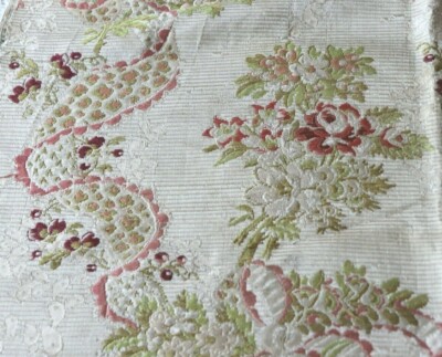 Antique French c1760 18thC Silk Brocade Roses & Lace Motif Fabric~L-33