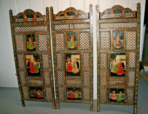 VTG INDIA PANEL HAND PAINTED Carved WOOD FOLDING SCREEN Room Divider Persian
