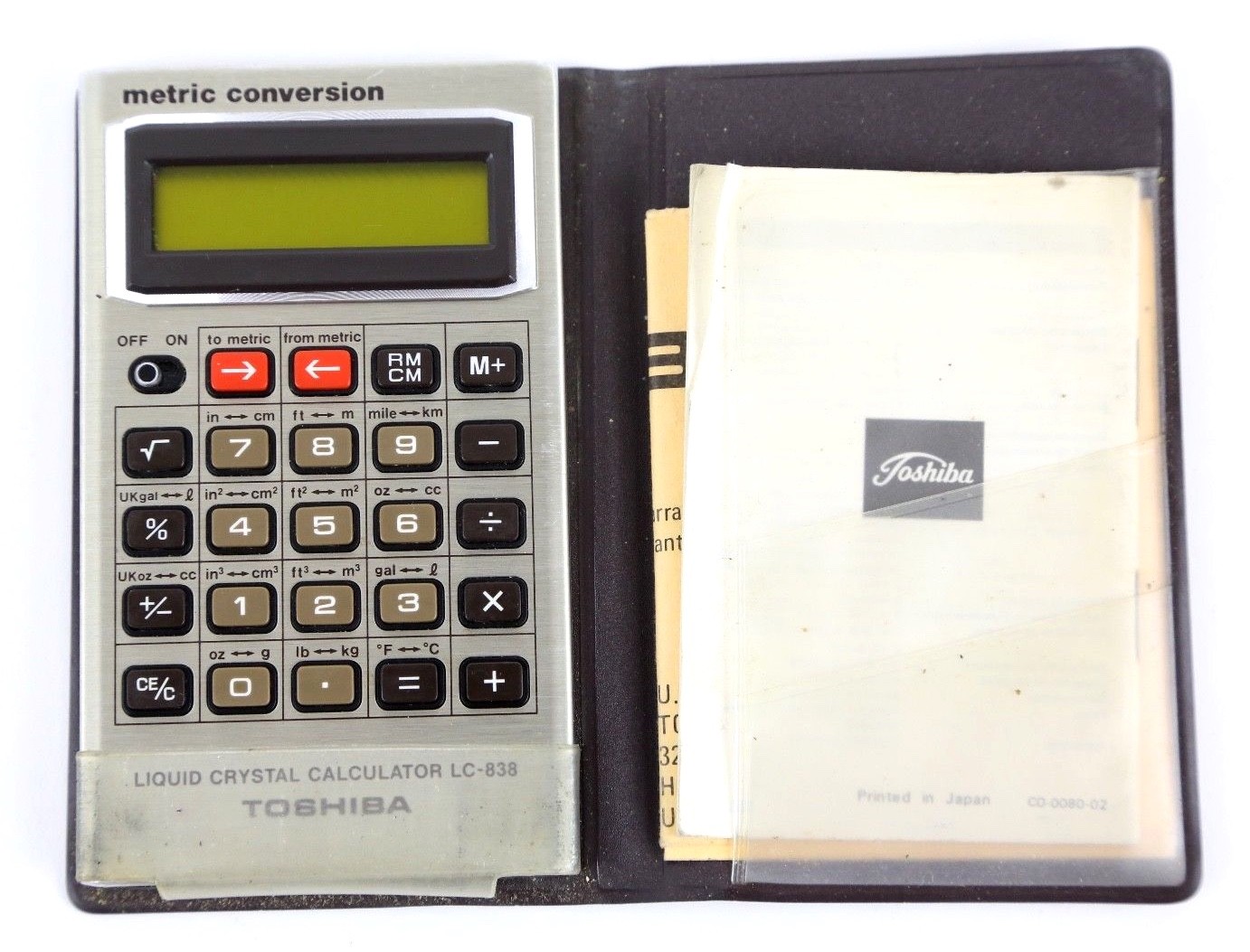 TOSHIBA LC-838  VINTAGE METRIC CONVERSION SCIENTIFIC CALCULATOR JAPAN RARE CASE