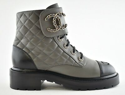 Pre-owned Chanel 21a Grey Black Quilted Cc Chain Combat Lace Up Tie Ankle Short Boots 40