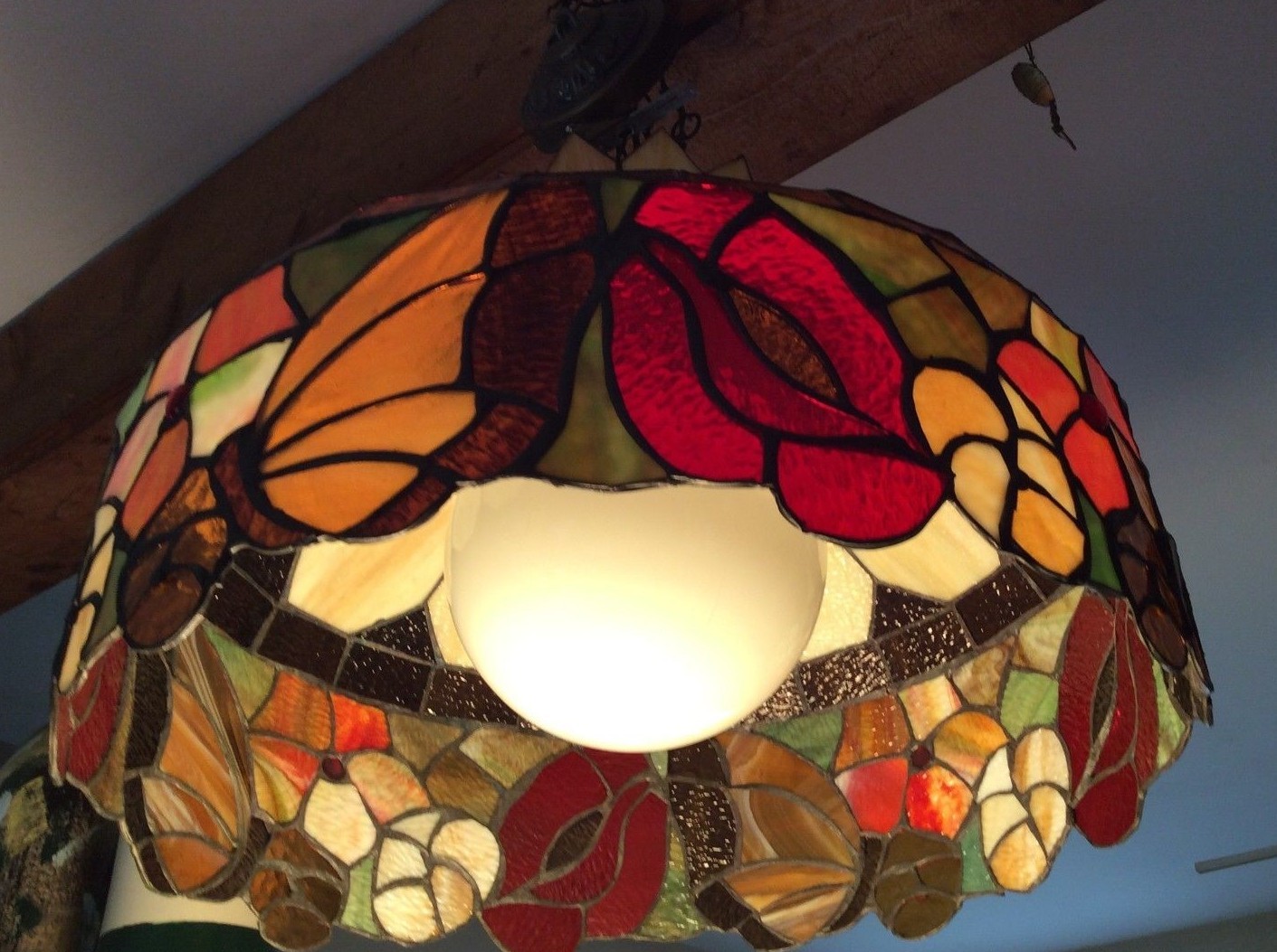 Vintage large stained slag glass multi colored lamp shade hanging - 20