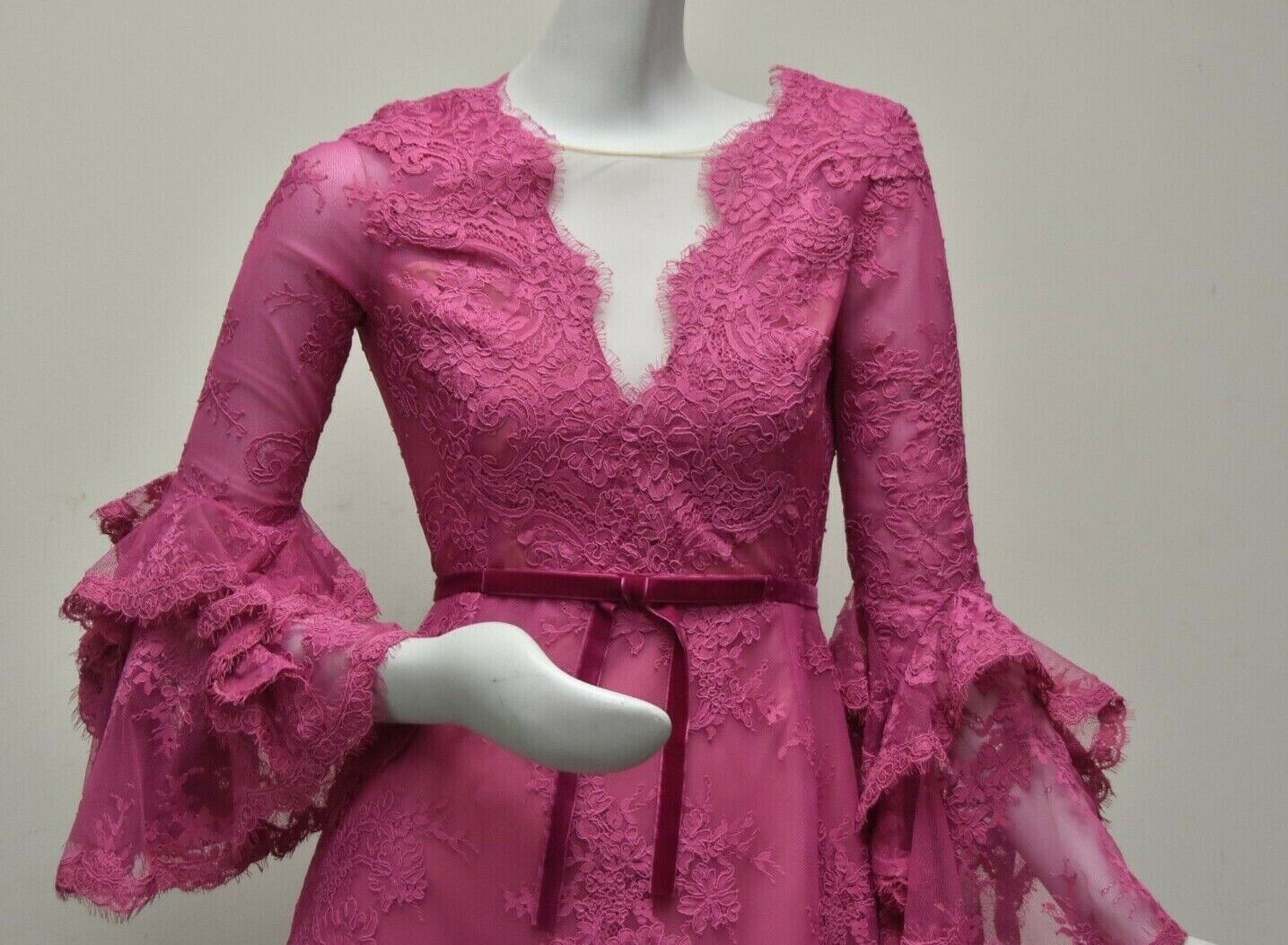 Pre-owned Marchesa Couture $2495  Corded Lace Cocktail Dress Bow Rose Pink Azalea 2 4 10
