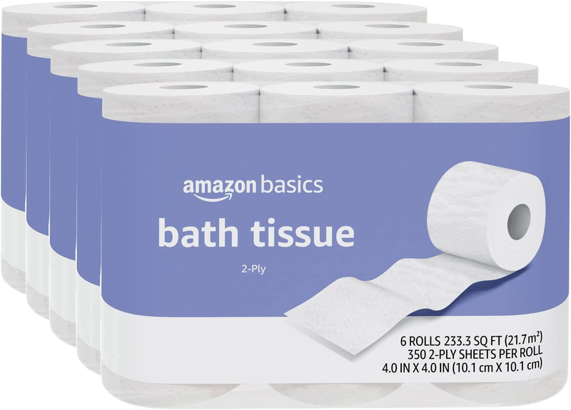 2-Ply Toilet Paper, Unscented, 30 Rolls (5 Packs of 6), White (Previously Solimo
